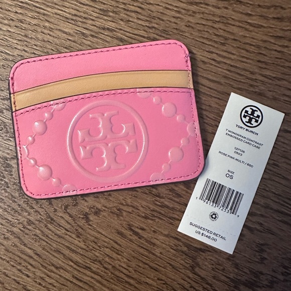 NWT! NEW! Tory Burch T Monogram Contrast Embossed Logo Pink Card Holder - Picture 2 of 4